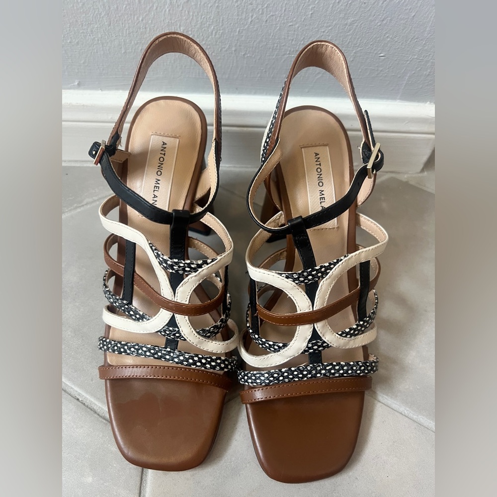 Antonio Melani Slingback Leather Block Heels Open Toe Strappy Sandals Size 8